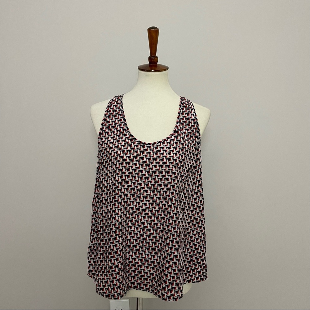 Joie Top Sleeveless Boat Print Nautical Silk Swing Split Back Red Blue Cream